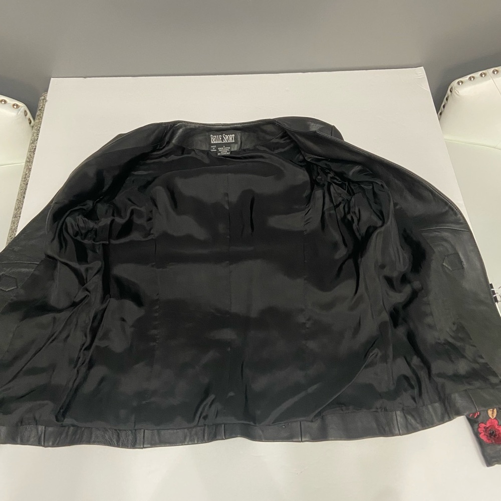 BELLE SPORT Womens Black Leather Jacket Blazer Floral Embroidery Throughout S - Picture 7 of 17